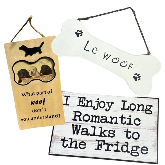 Set of Three Funny Dog Signs Wooden Le Woof Photo Romantic Walks To Fridge Puppy - Picture 1 of 10